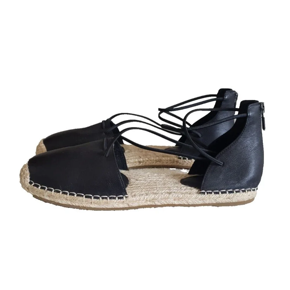 EILEEN FISHER Lace Leather Espadrille Black Flat Slip On Closed Toe Sandal Sz 10